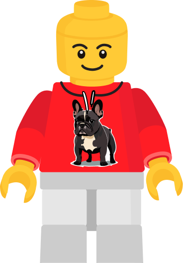 The assembled Red Edge mascot: a LEGO minifigure with the bulldog on its chest